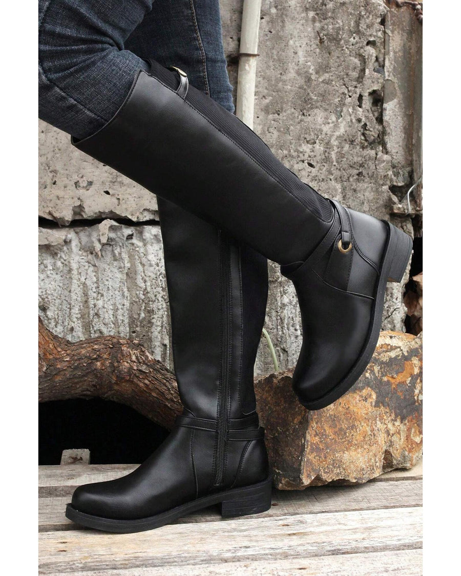 Black Side Zipper Knee High Chunky Low Heel Boots - 40 EU