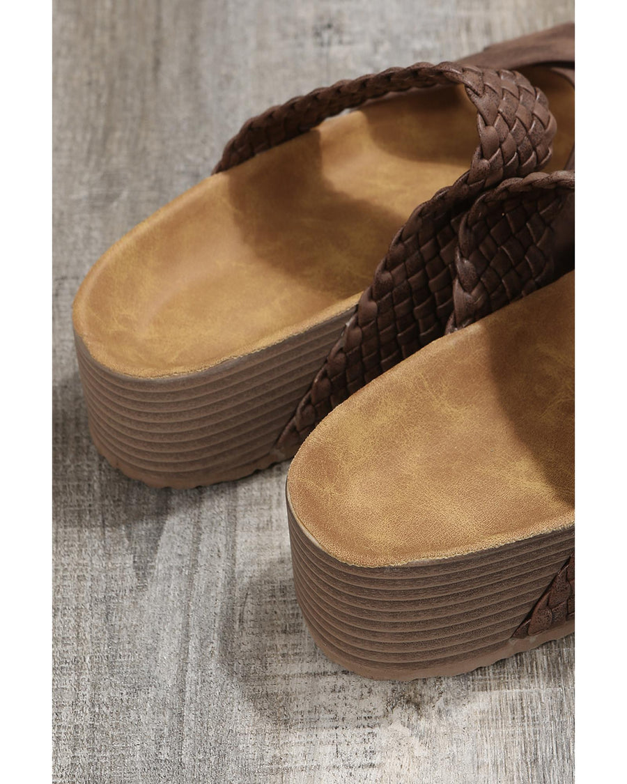 Brown Braided Detail Criss Cross Platform Slippers - 38 EU