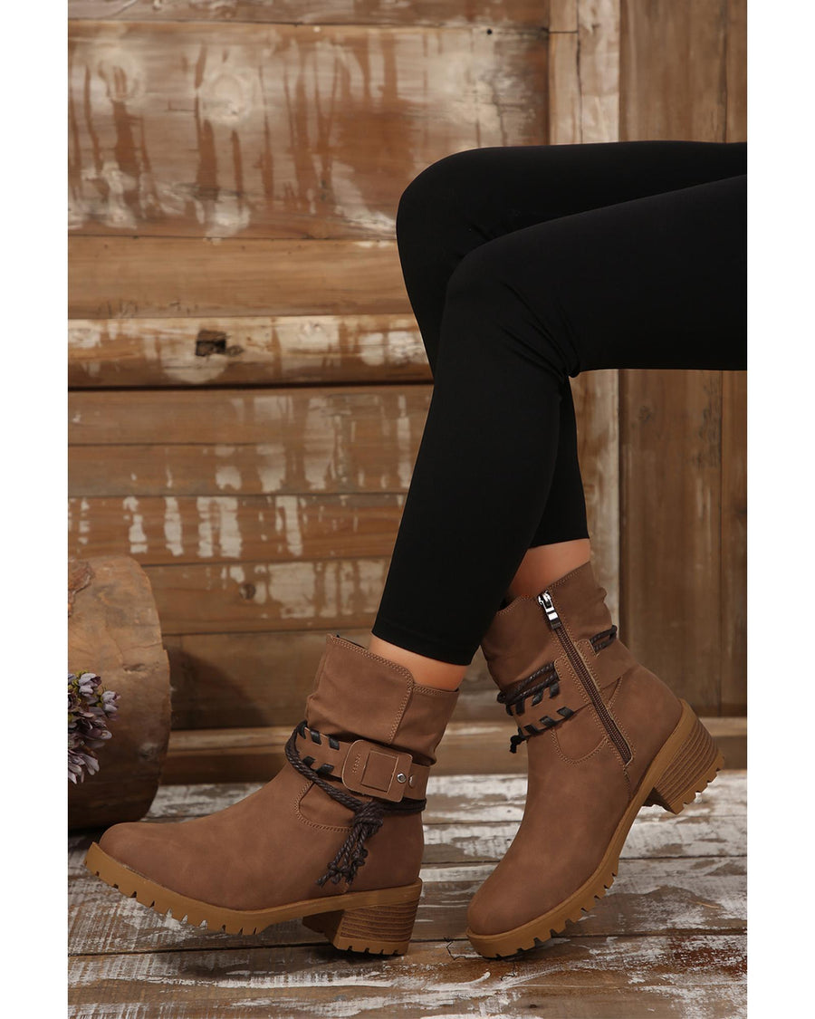 Chestnut Suede Woven Lace-up Strap Side Zip Boots - 39 EU