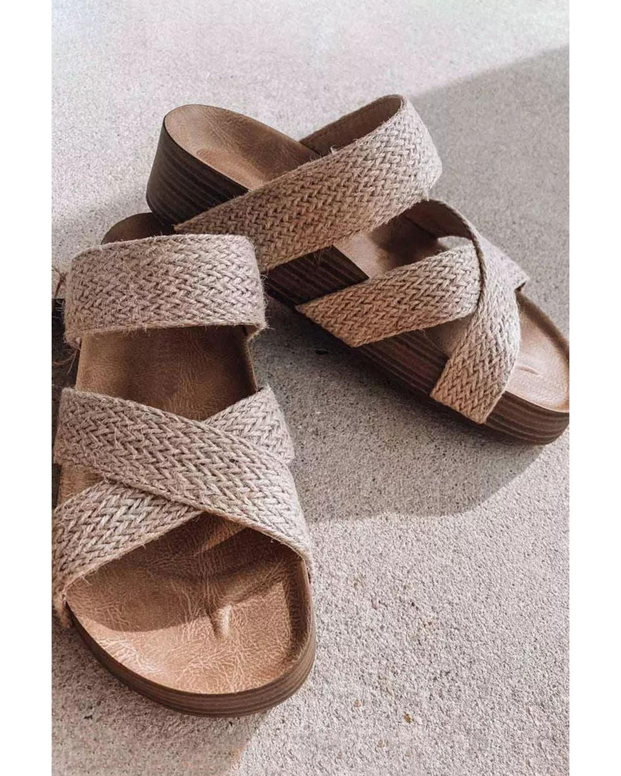 Beige Woven Cross Criss Hollowed Slip-On Slippers - 42 EU