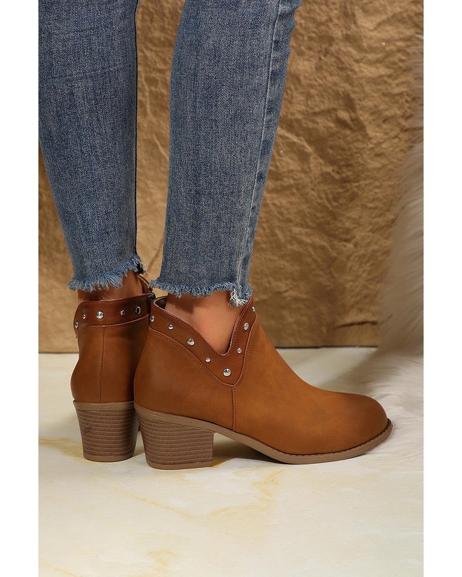 Chestnut Studded Faux Leather Chunky Heel Ankle Boots - 37 EU