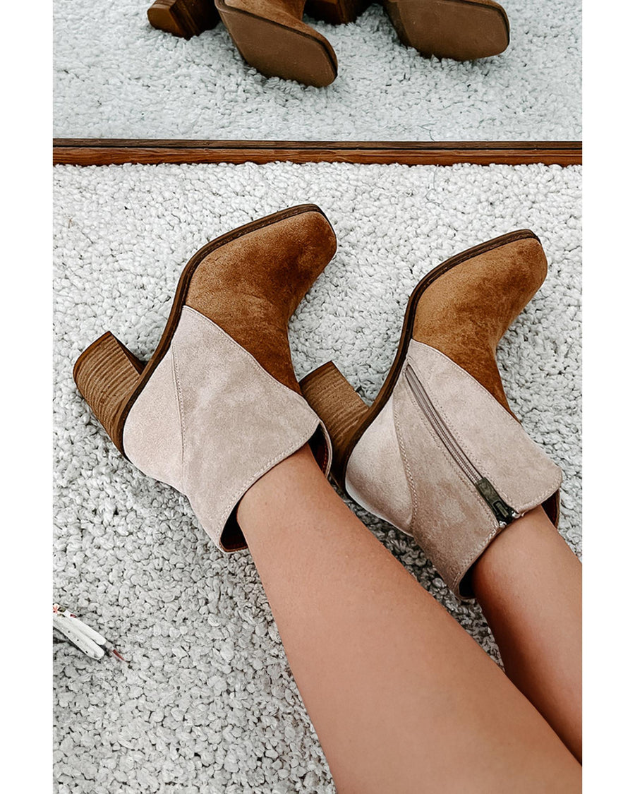 Camel Two Tone Faux Suede Square Toe Chunky Heel Boots - 40 EU
