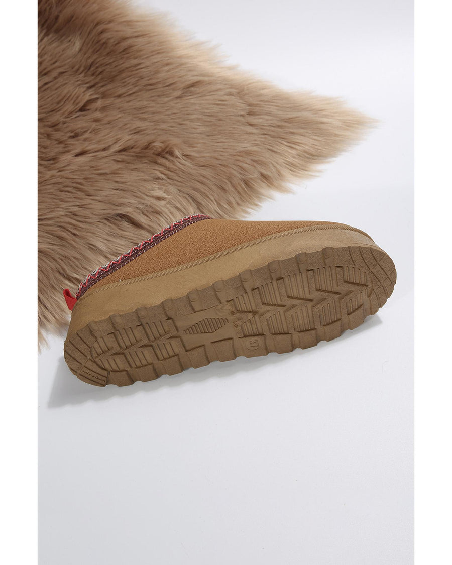 Chestnut Suede Contrast Print Round Toe Plush Lined Flats - 39 EU