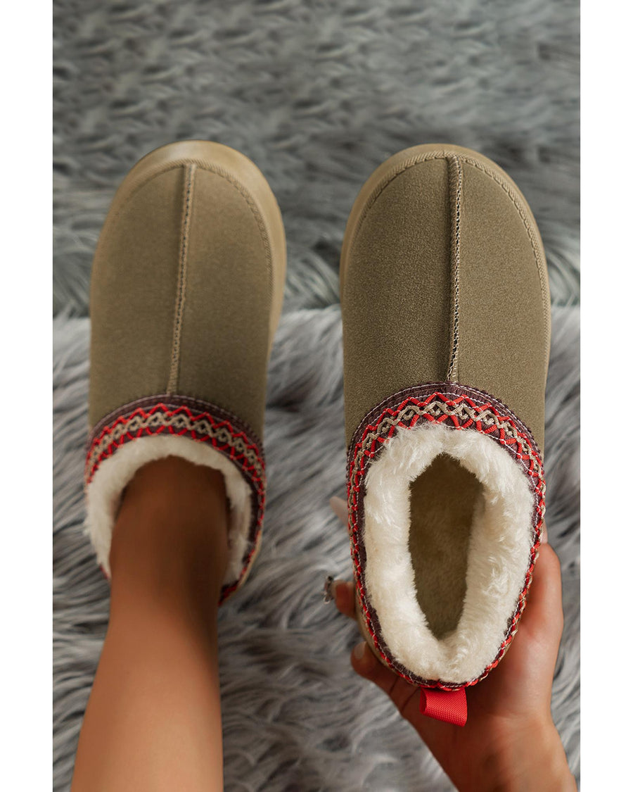 Sage Green Suede Contrast Print Round Toe Plush Lined Flats - 42 EU