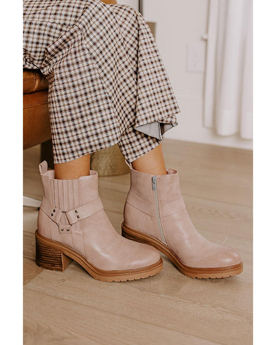 Beige Ring Linked Zipper Chunky Heel Ankle Boots - 40 EU