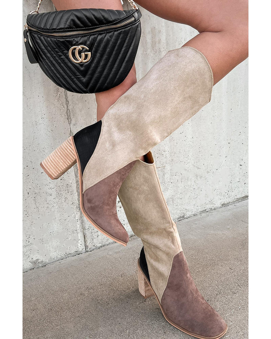 Coffee Suede Calf Length Chunky Heel Boots - 41 EU
