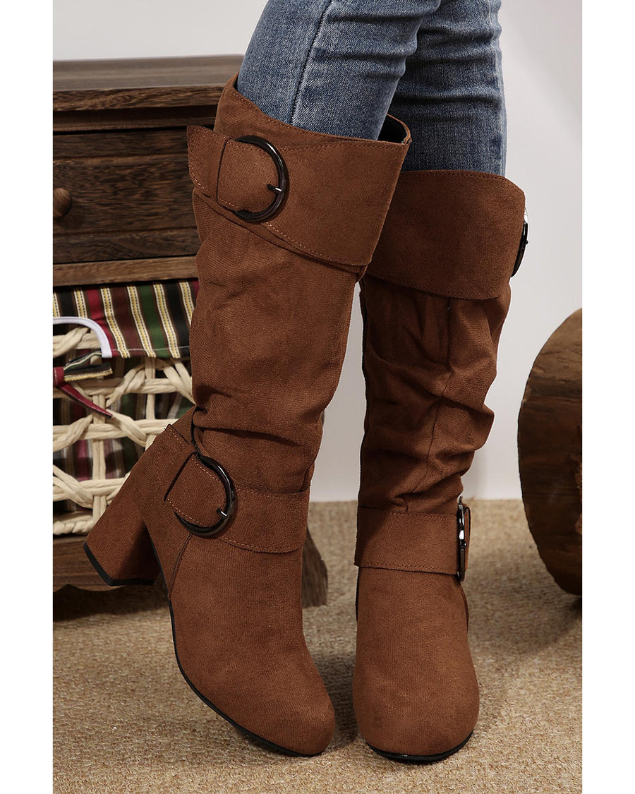 Coffee Suede Double Buckled Side Zipped Mid-calf Boots - 37 EU