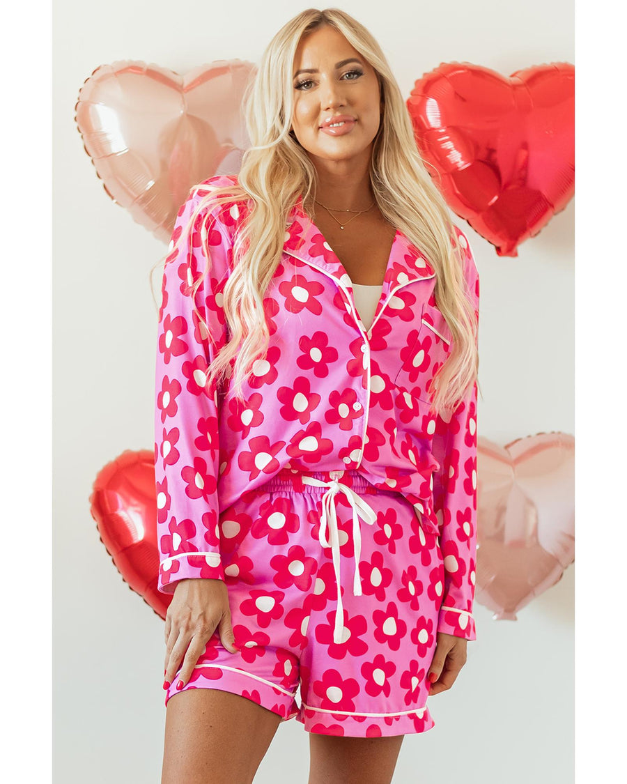 Pink Flower Print Long Sleeve Shirt Shorts Pajamas Set - M