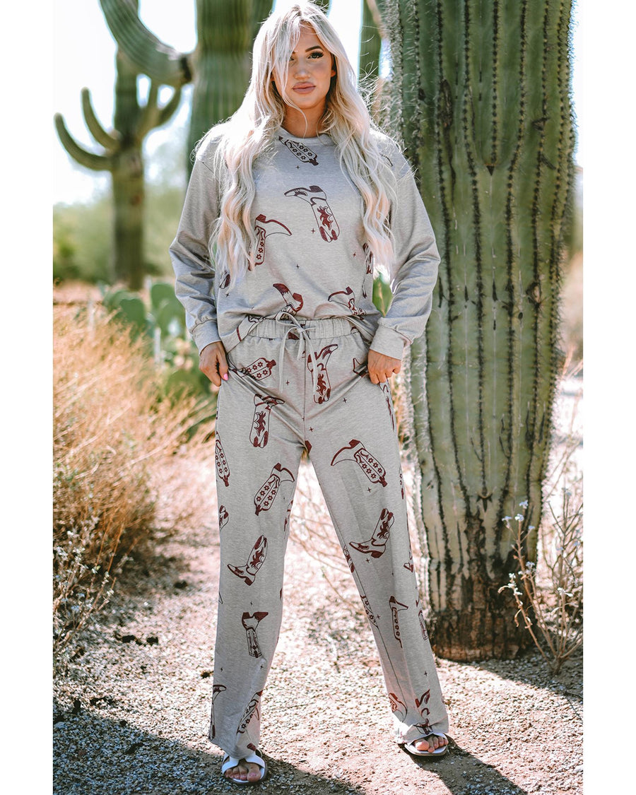 Gray Cowgirl Boots Printed Long Sleeve Top Pants Lounge Set - XL