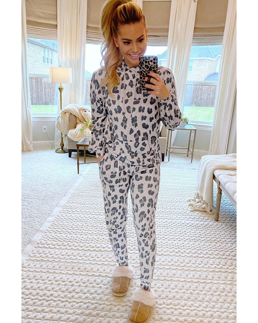 Khaki Leopard Print Drawstring Hoodie and Skinny Pants Lounge Set - S