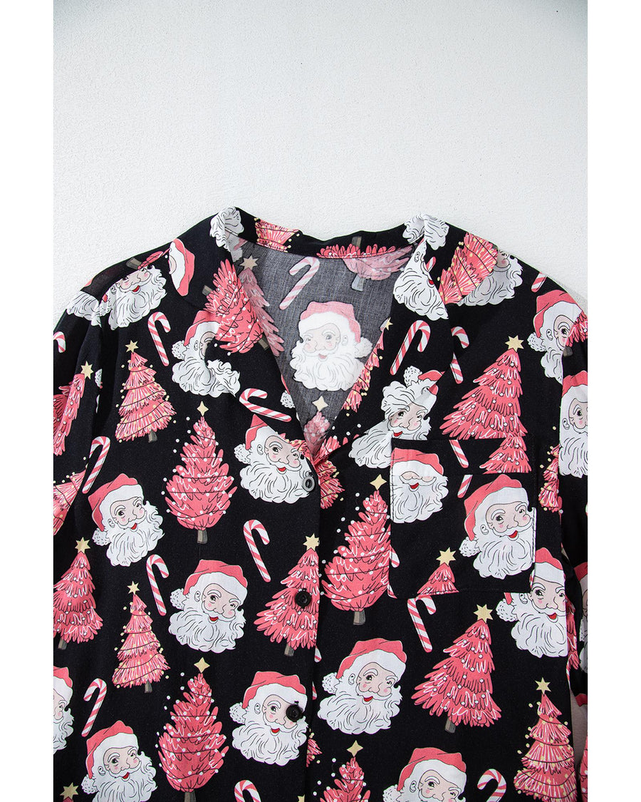 Black Christmas Santa Printed Two Piece Pajamas Set - L