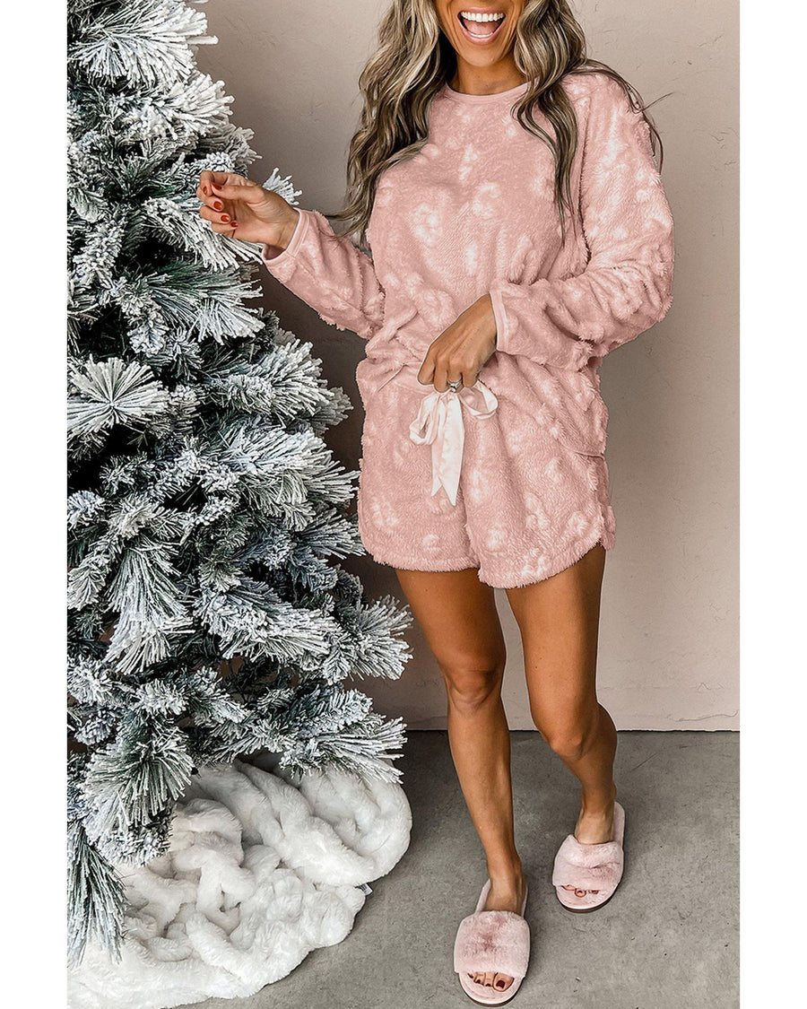 Light Pink Textured Leopard Fleece Loose Two Piece Lounge Set - 2XL