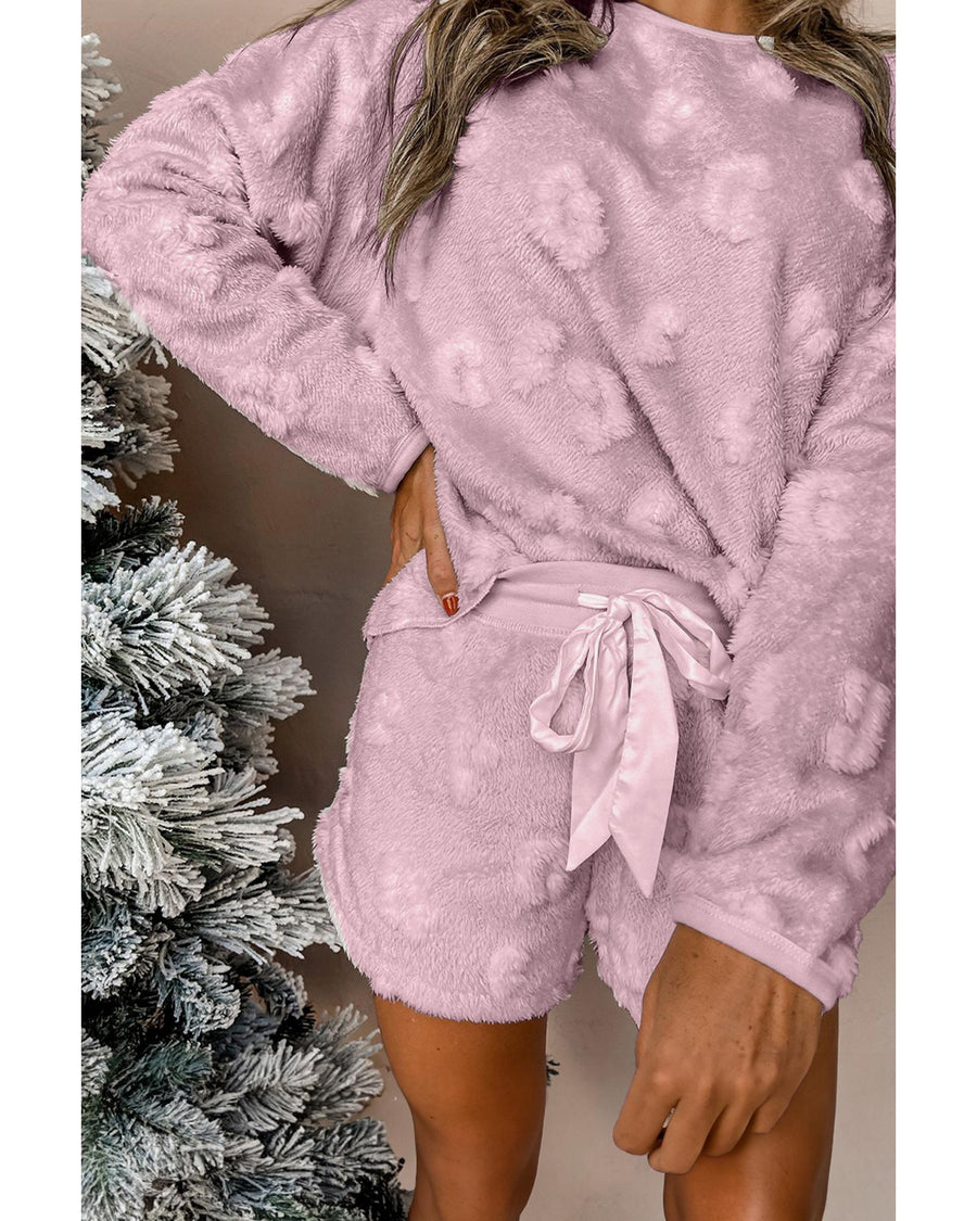 Lavendula Textured Leopard Fleece Loose Two Piece Lounge Set - L