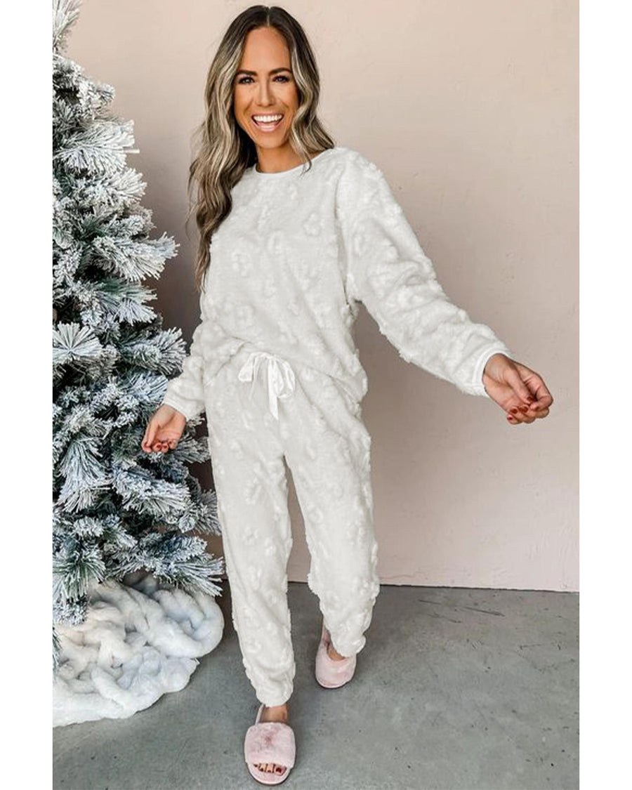 Light Grey Leopard Textured Loose Fit Fleece Lounge Set - M
