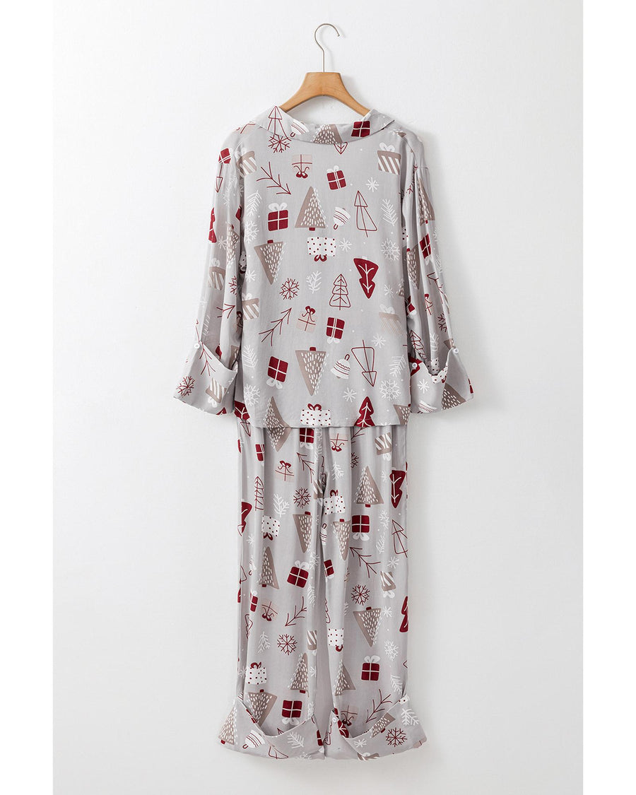 Light Grey Christmas Printed Shirt and Pants Pajama Set - XL