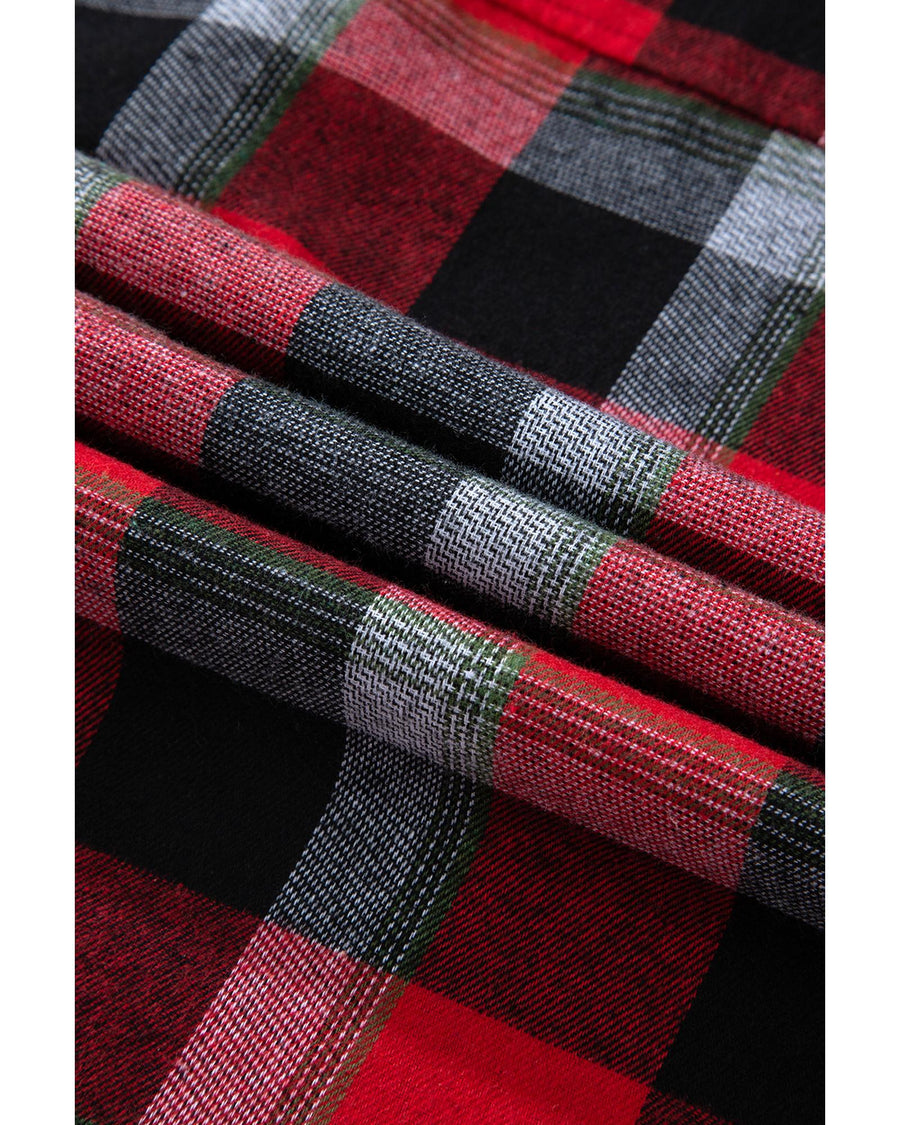 Red Christmas Checkered Pattern Loose Shirt and Pants Lounge Set - M