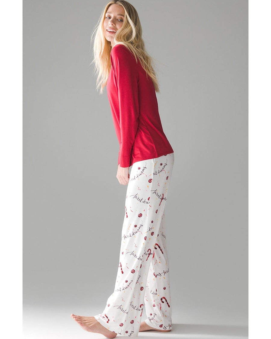 Red Solid Top and Christmas Pants Two Piece Lounge Set - L