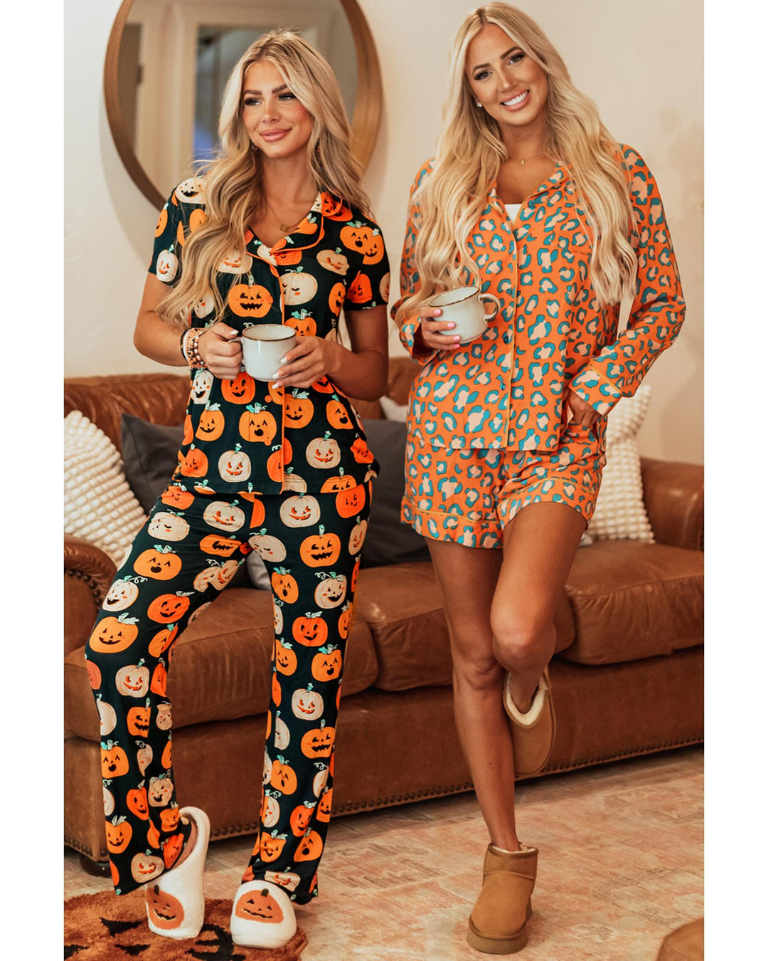 Orange Halloween Pattern Short Sleeve Shirt Pajama Set - M
