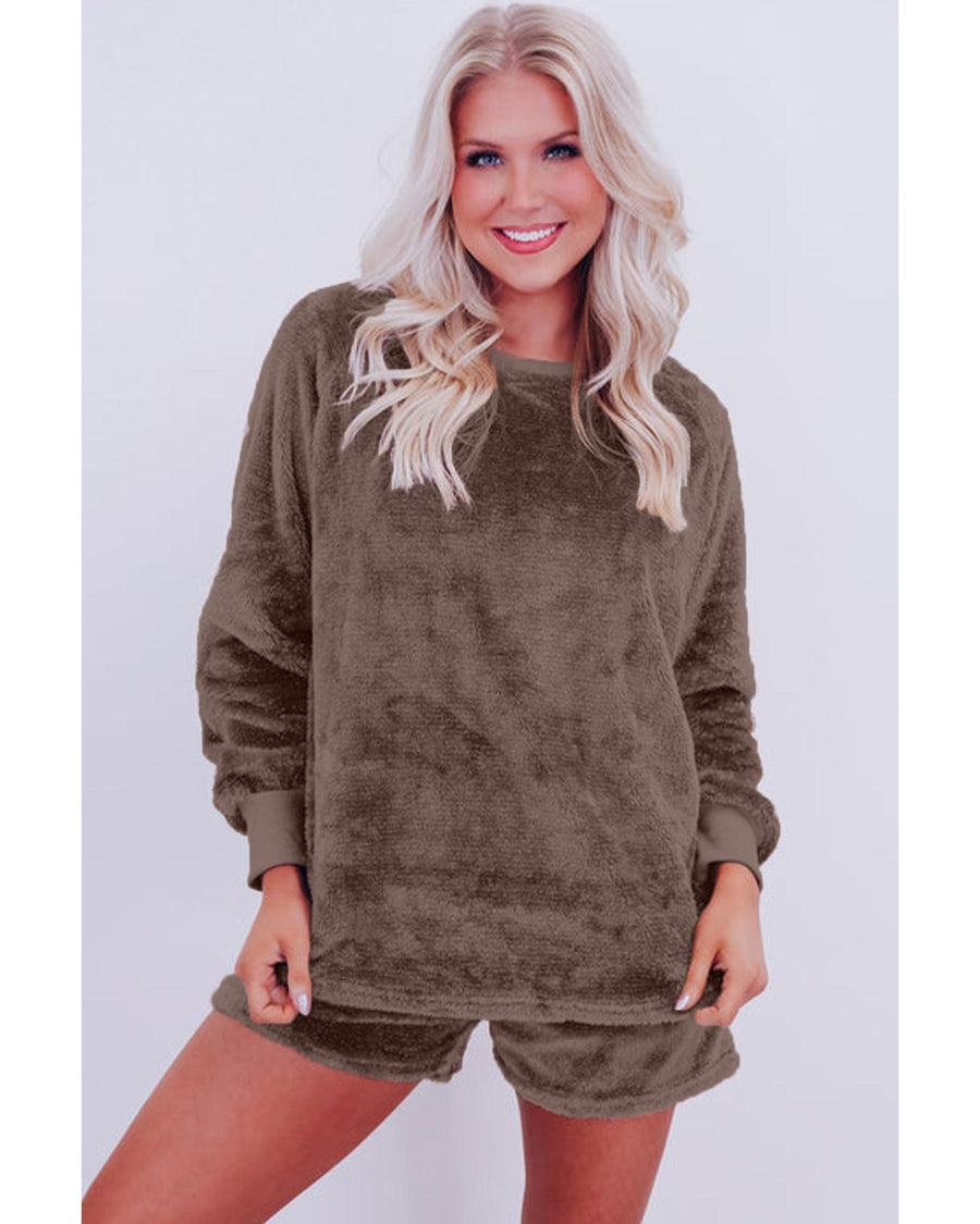 Coffee Solid Loose Fit Two Piece Fleece Lounge Set - XL