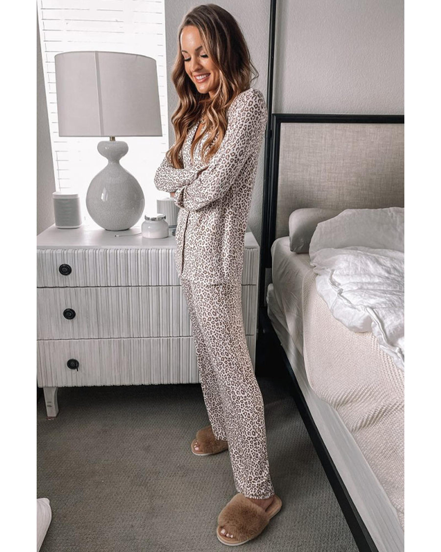 White Leopard Print Long Sleeve and Pants Pajamas Set - M