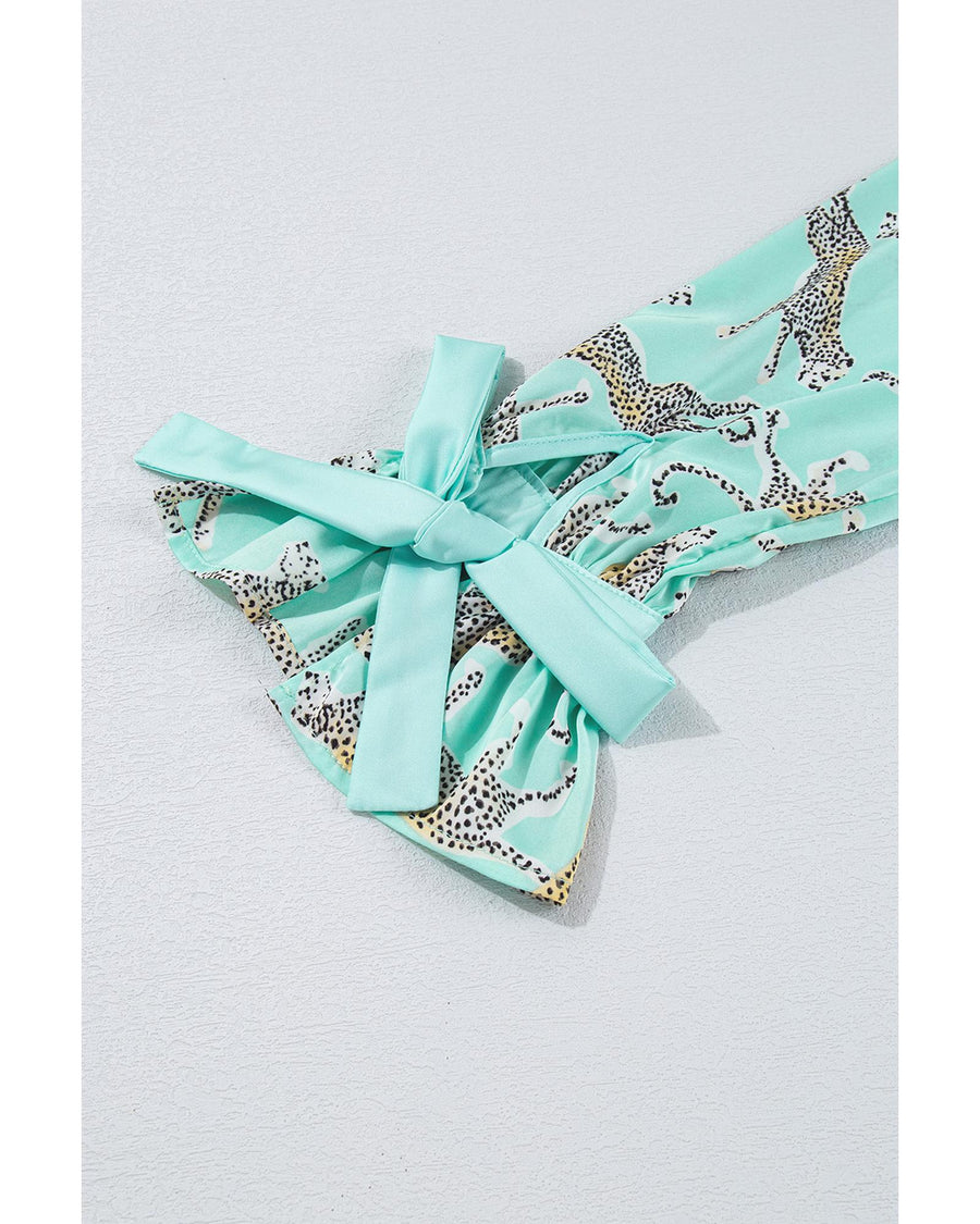 Green Leopard Satin Ruffle Pajama Short Set - S