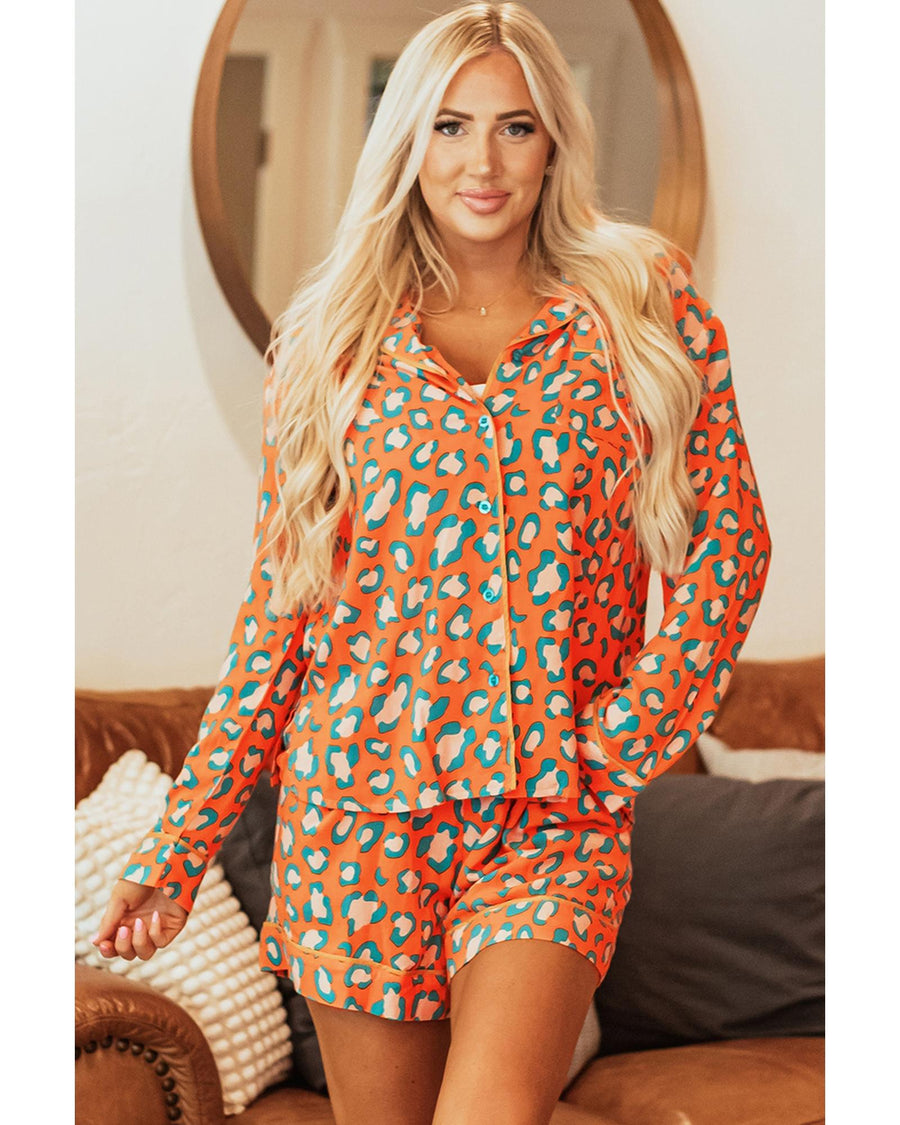 Orange Leopard Print Long Sleeve Shirt and Shorts Pajama Set - S