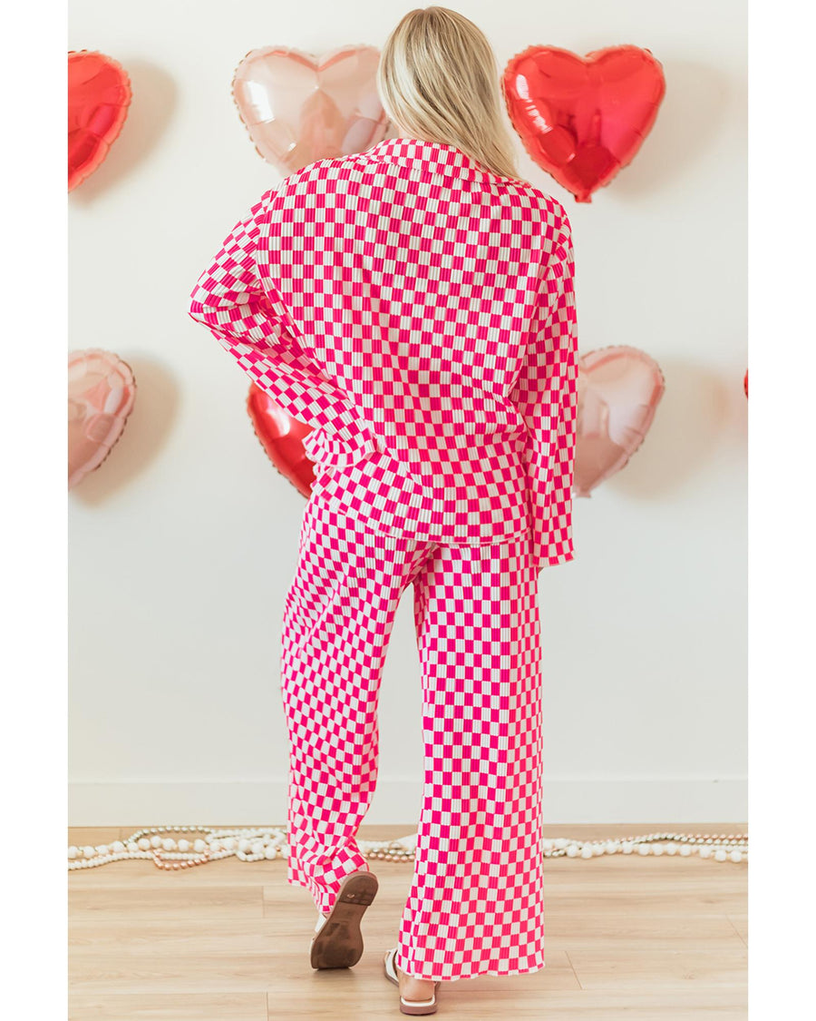 Pink Checkered Buttoned Shirt and High Waist Pants Pajama Set - XL