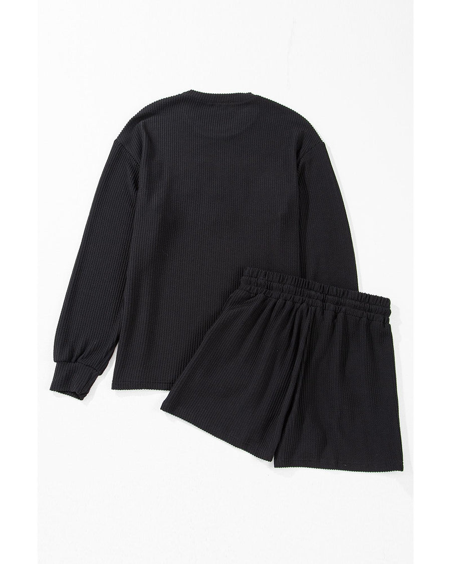 Black Corded MERRY Graphic Long Sleeve Top and Shorts Set - XL