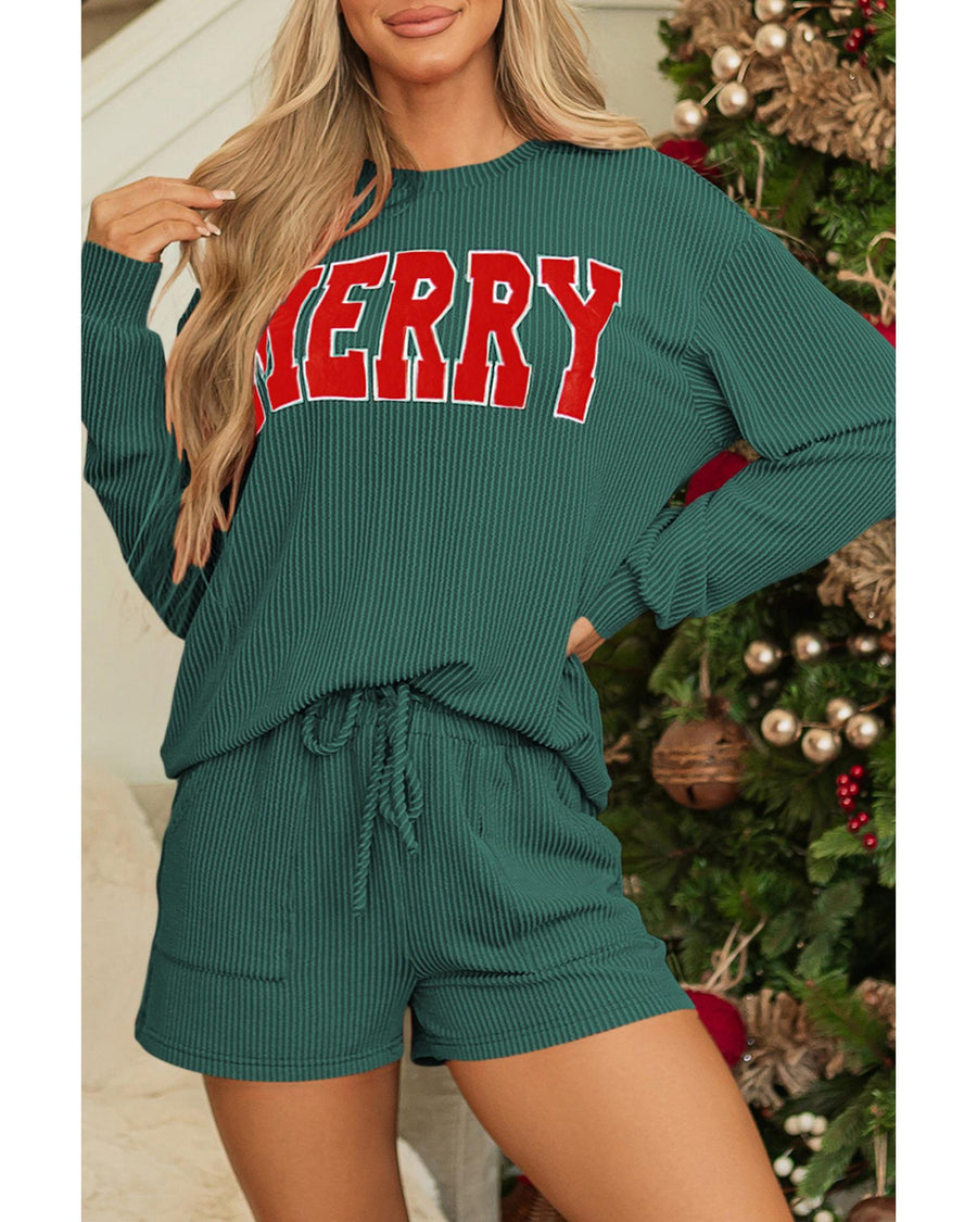 Evergreen Corded MERRY Graphic Long Sleeve Top and Shorts Set - L