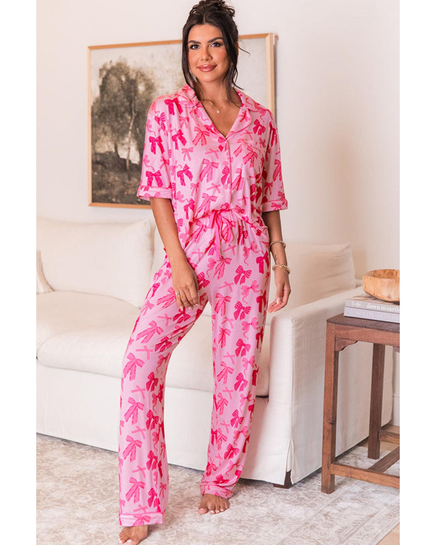 Pink Bow Knot Print Lapel Collar Short Sleeve and Pants Pajamas Set - XL