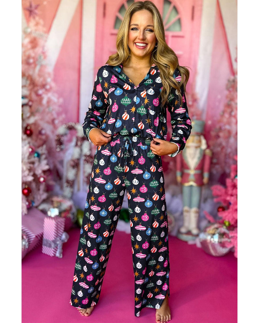 Navy Blue Colorful Christmas Lights Print Shirt and Pants Pajama Set - XL