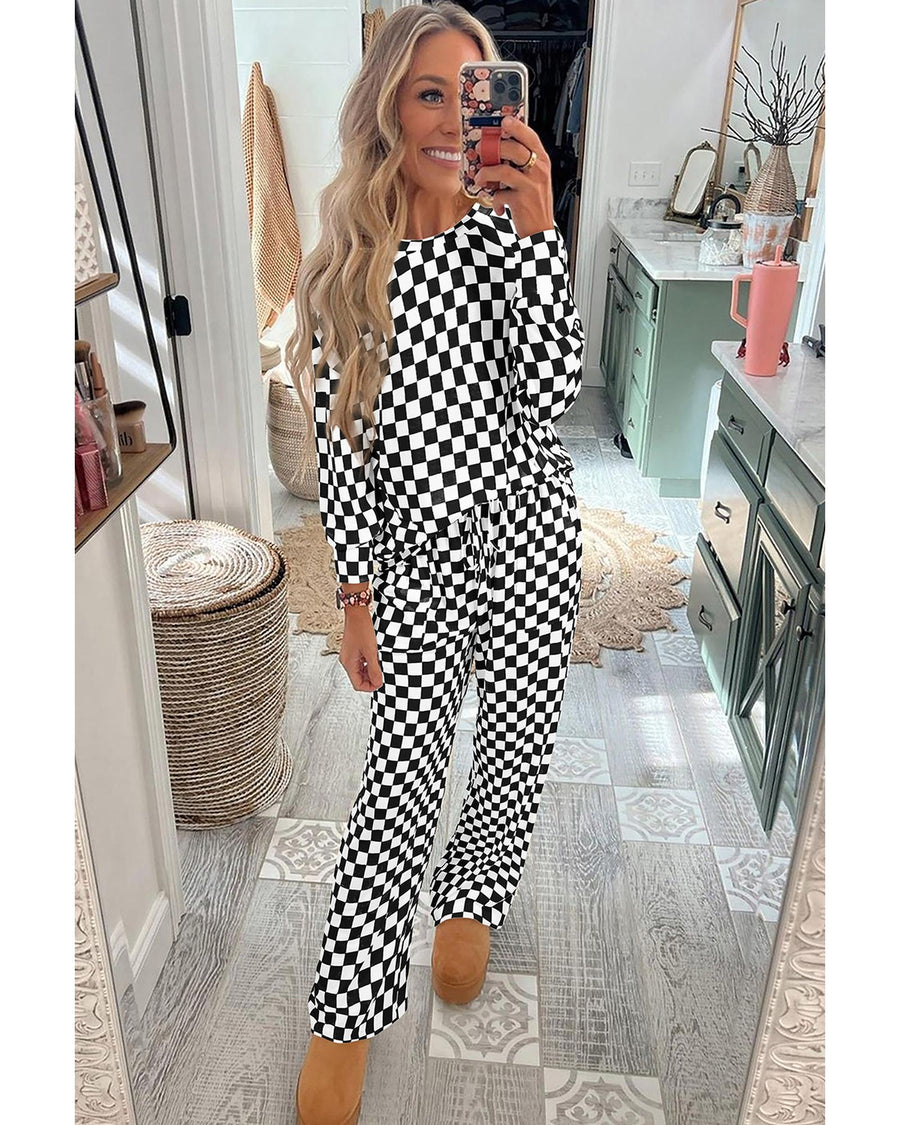 Black Checkered Print Long Sleeve Top and Pants Lounge Set - L