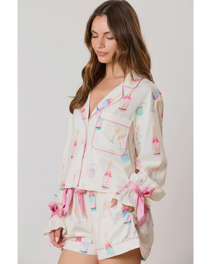 Azura Exchange White Christmas Wine Glass Print Bow Knot Two Piece Pajama Set - S