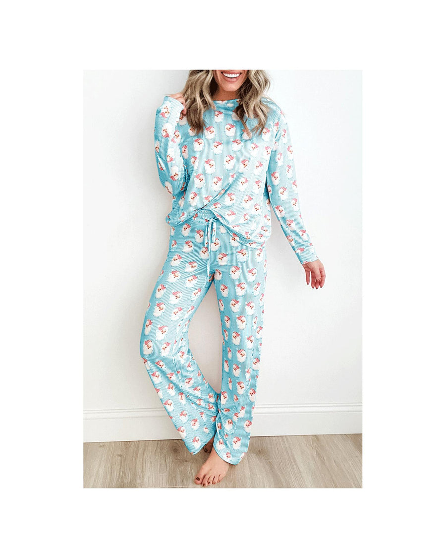Sky Blue Santa Claus Striped Print Loose Fit Two Piece Lounge Set - XL