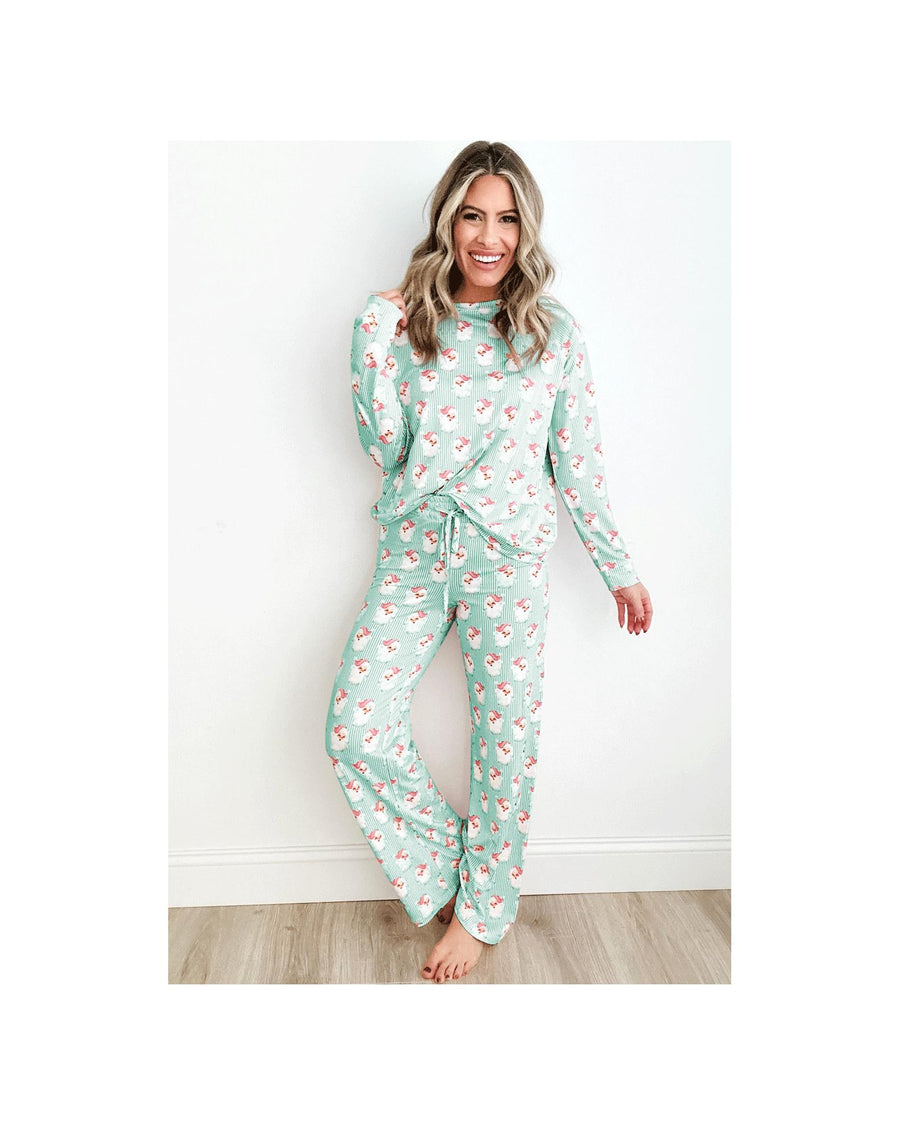 Green Santa Claus Striped Print Loose Fit Two Piece Lounge Set - XL