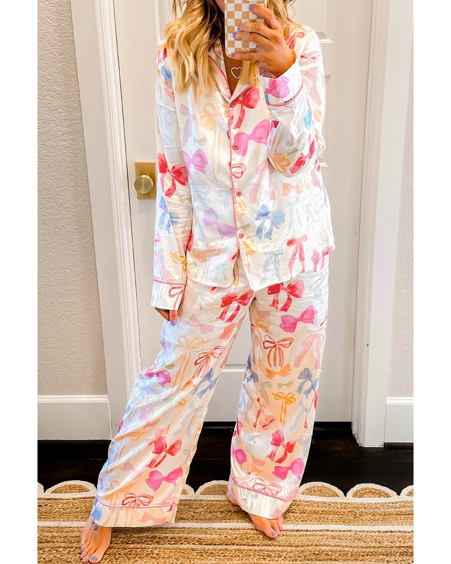 White Bow Knot Print Lapel Collar Wide Leg Satin Pajama Set - L