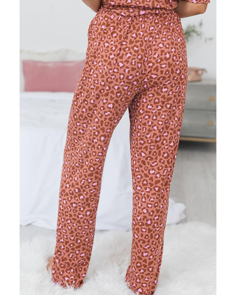 Brown Leopard Print Short Sleeve Shirt and Pants Pajamas Set - S