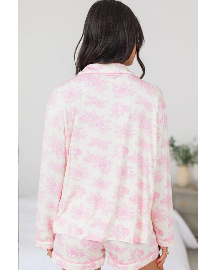 Pink Floral Long Sleeve and Pants Pajamas Set - XL