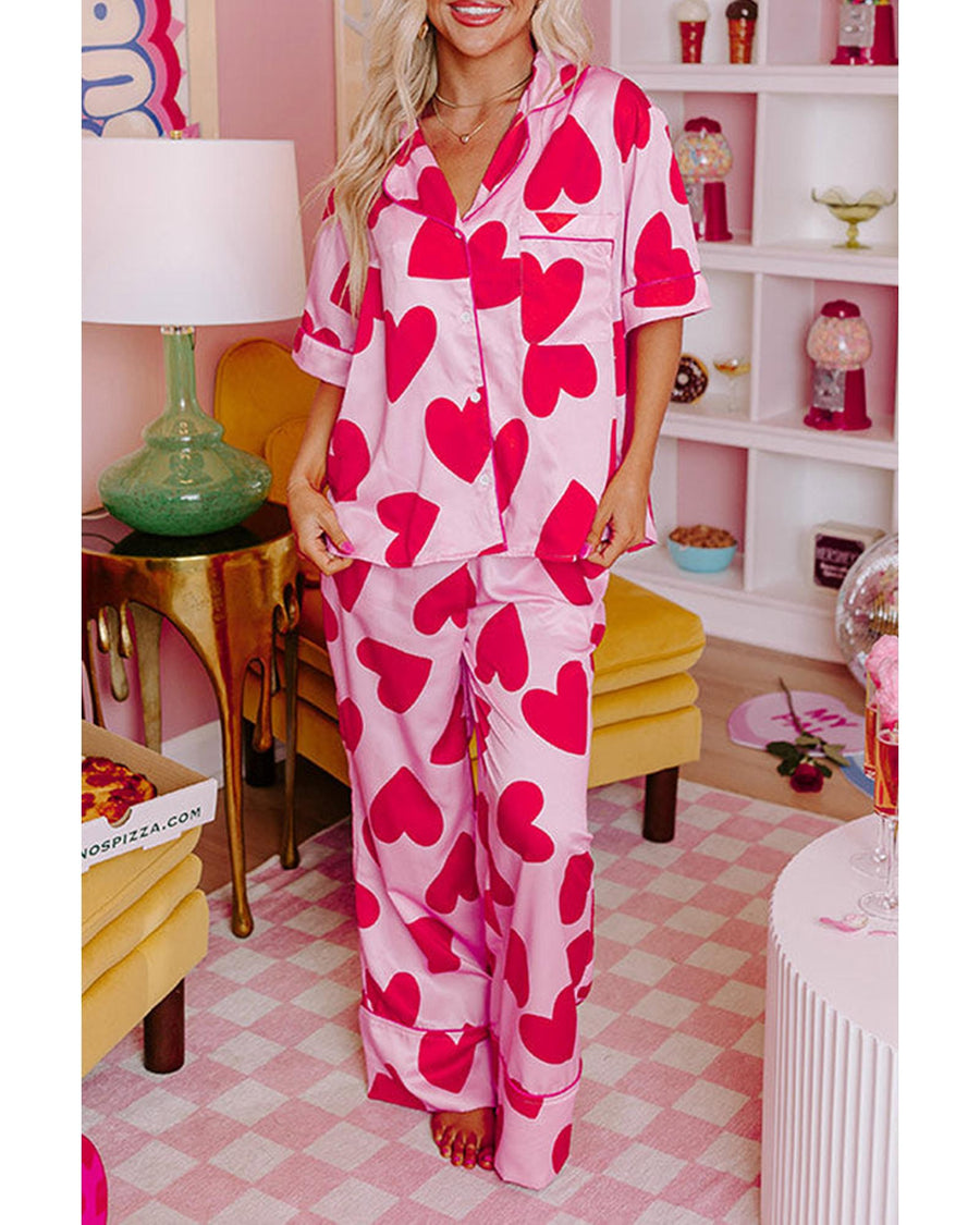 Pink Classic Heart Valentines Short Sleeve Pants Pajamas Set - S