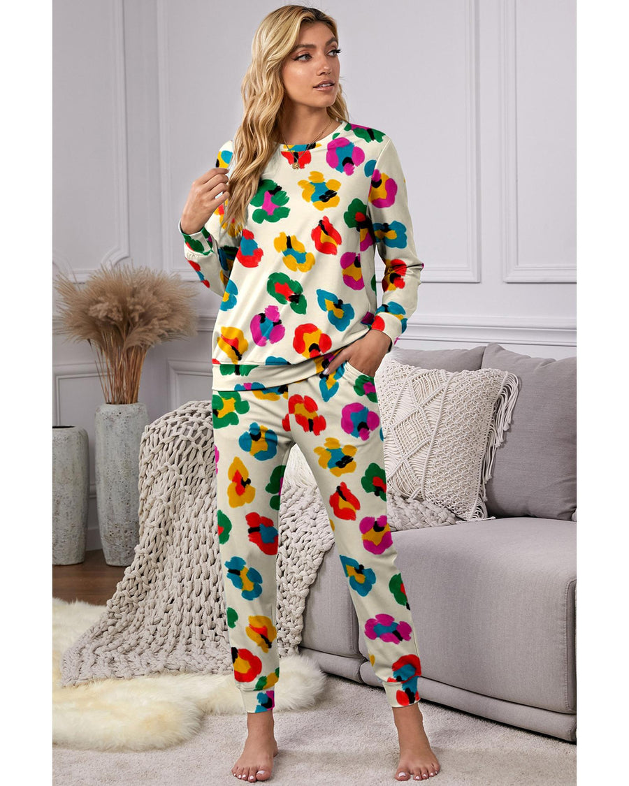 Apricot Leopard Print Long Sleeve Top and Skinny Pants Lounge Set - M