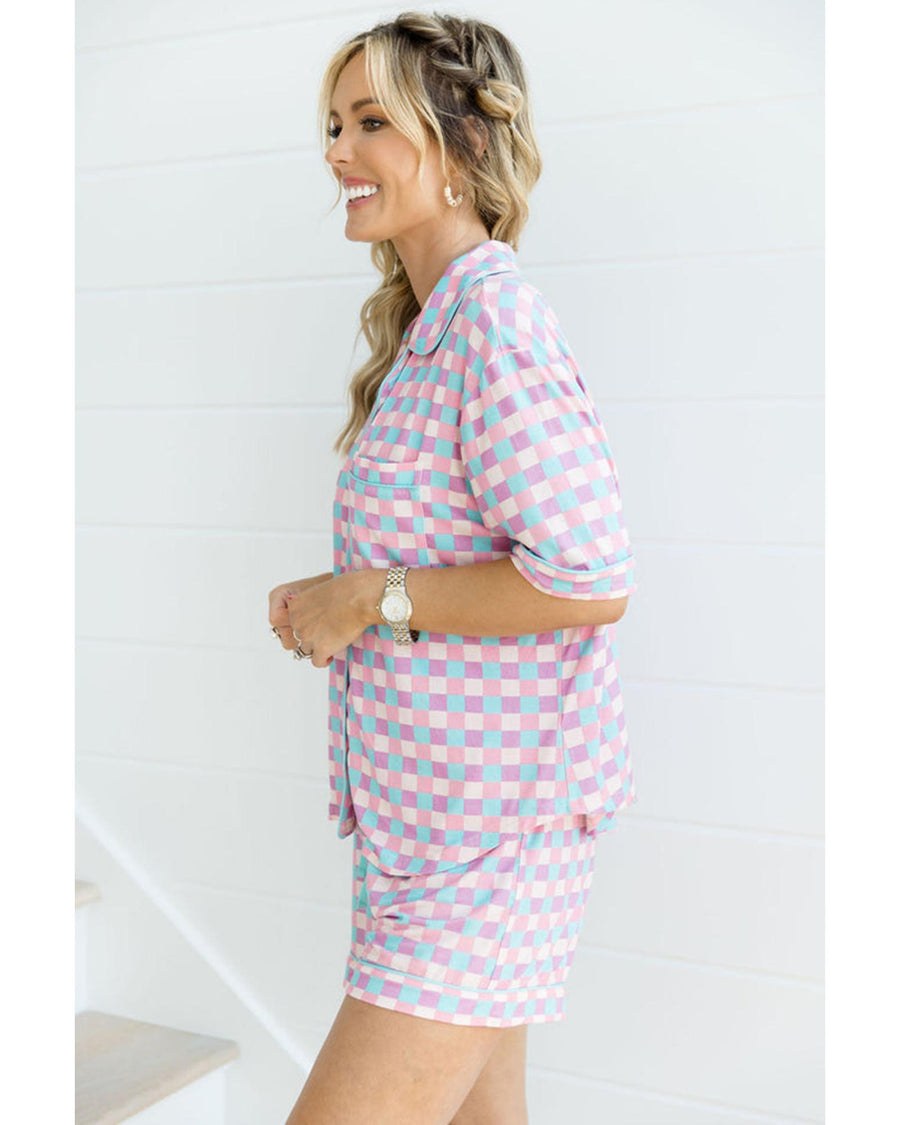Purple Checkered Pattern Short Sleeve Pajamas Set - L