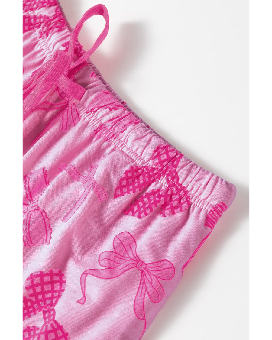 Pink Bow Print Half Sleeve Shirt and Shorts Pajamas Set - M