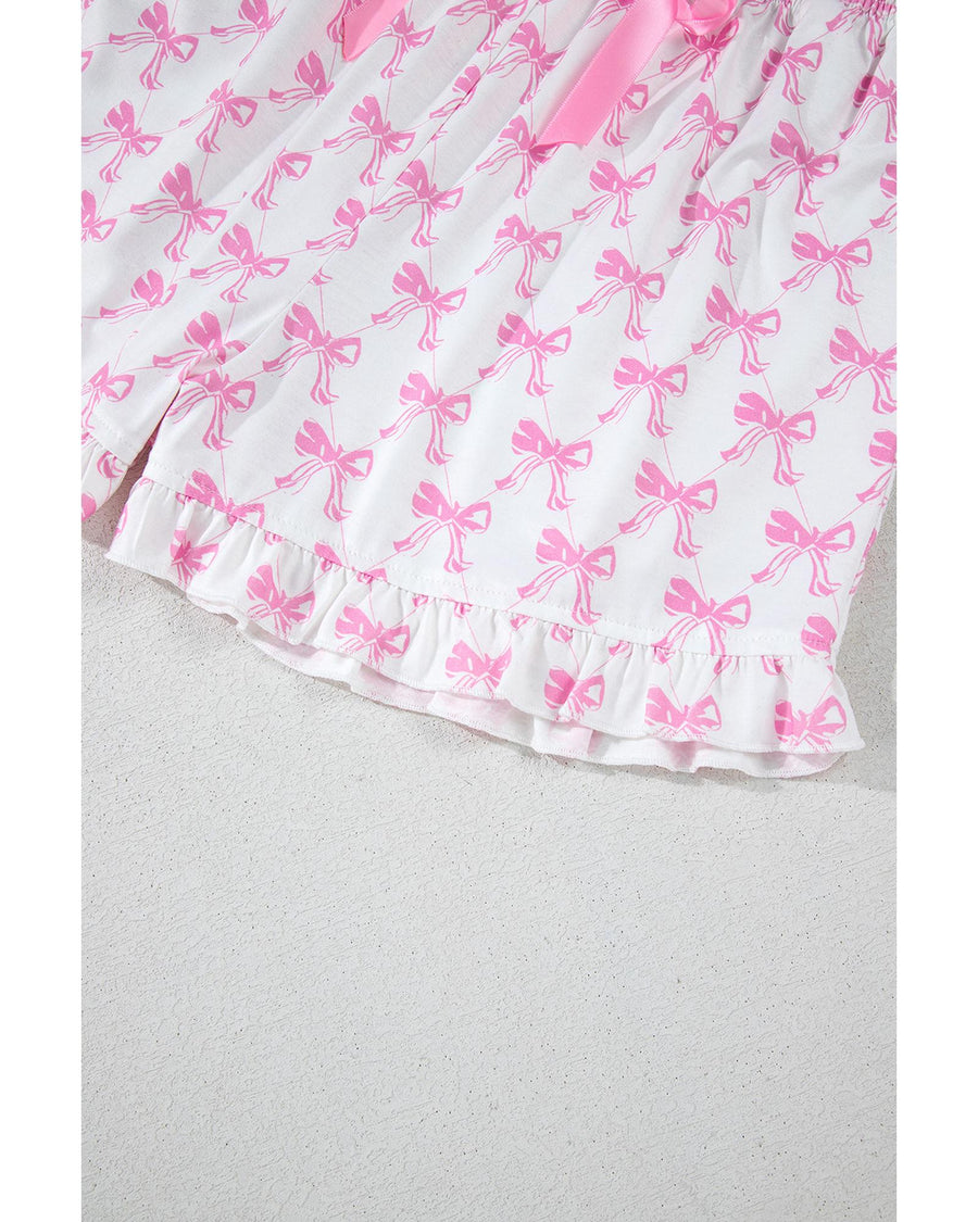Pink Bowknot Printed Short Sleeve and Ruffled Shorts Valentines Pajama Set - L