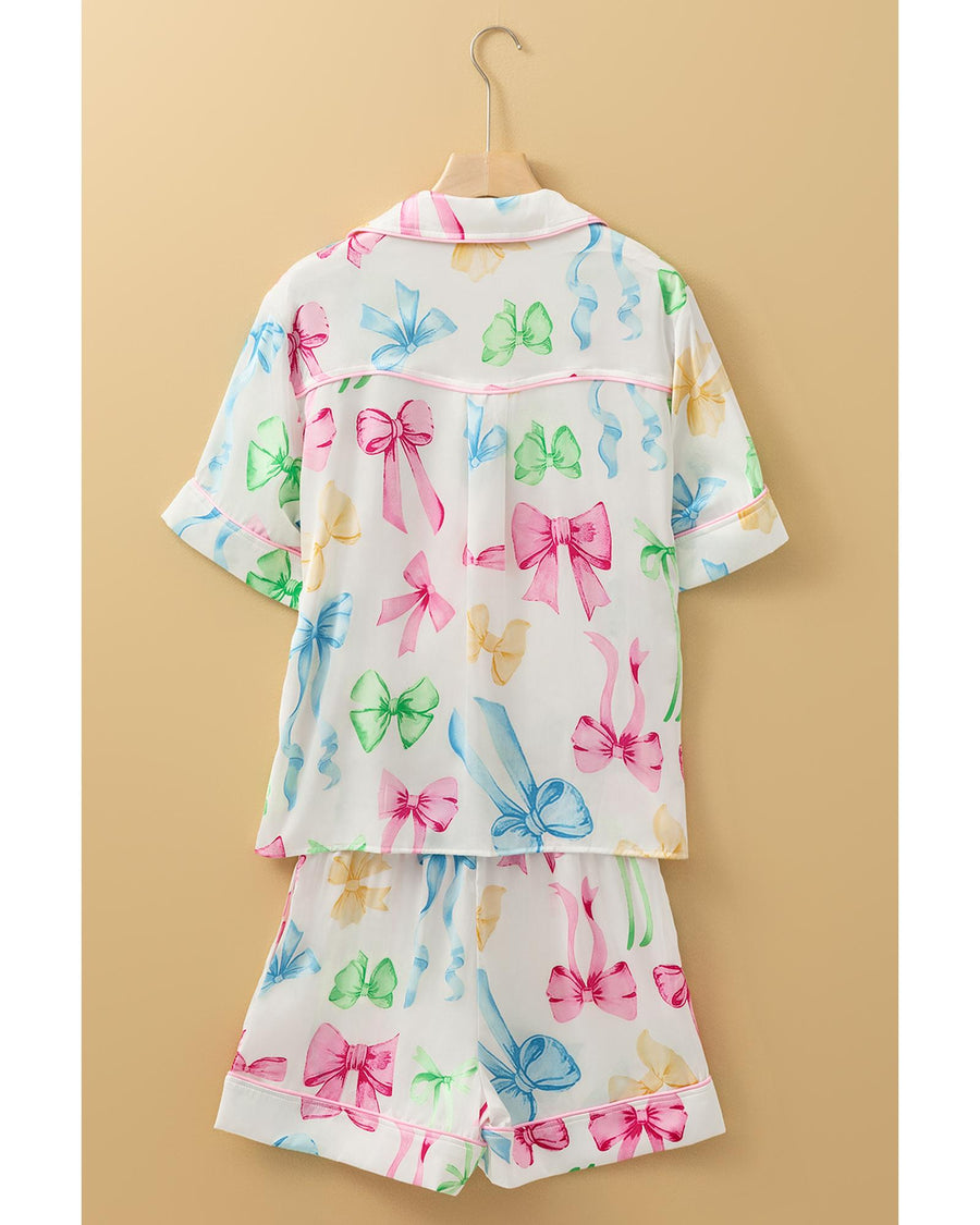 White Bowknot Print Buttoned Shirt High Waist Shorts Pajama Set - XL