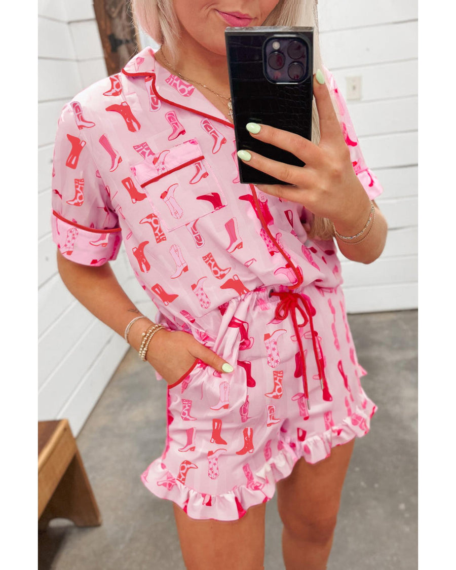 Pink Western Cowgirl Boots Printed Shirt Ruffled Shorts Pajama Set - M