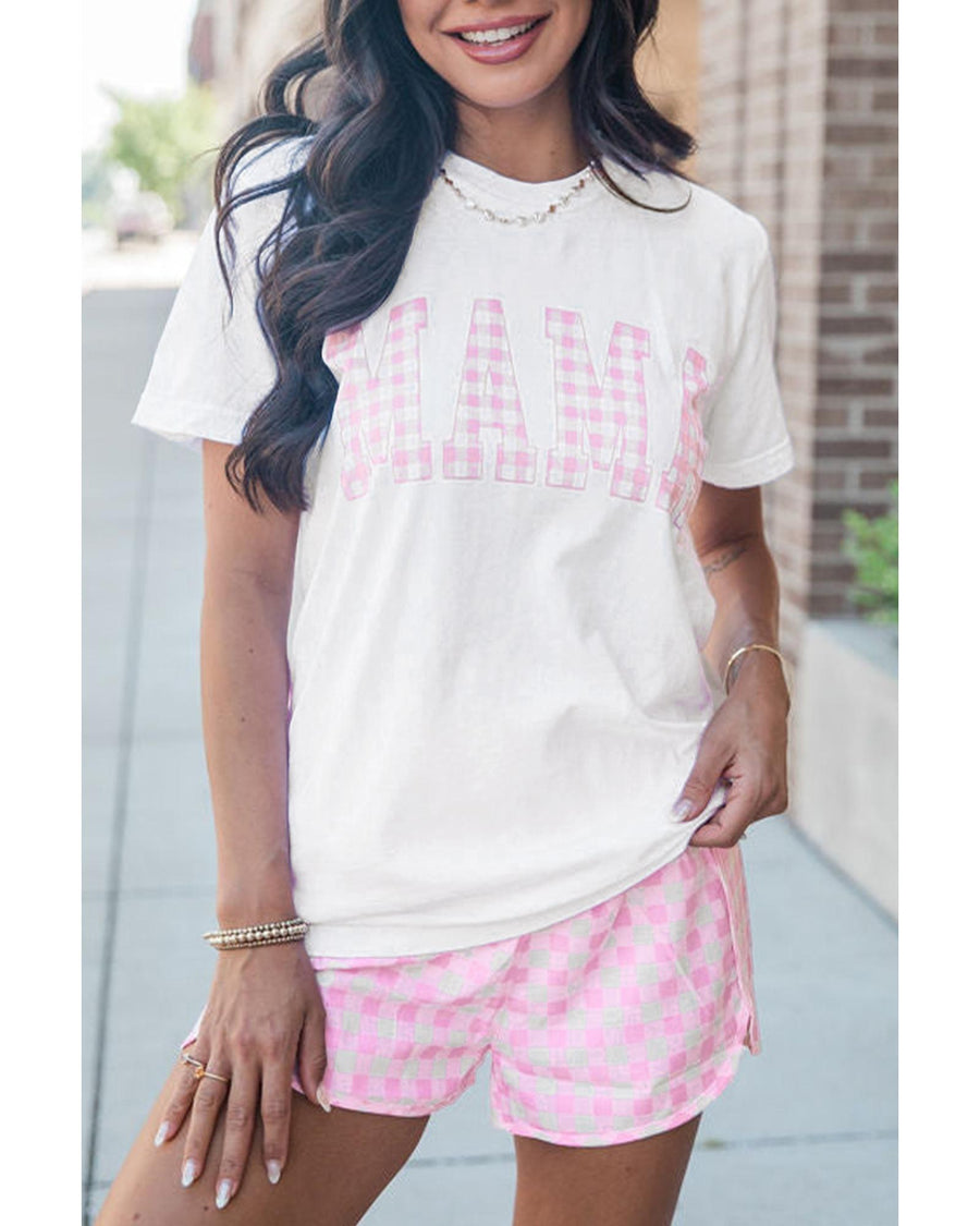 White MAMA Printed Tee and Plaid Shorts Lounge Set - M
