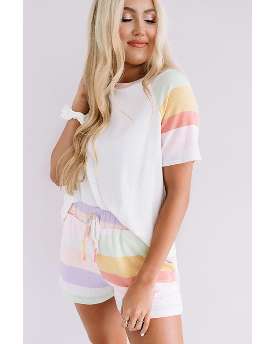 White Rainbow Striped T Shirt and Shorts Set - M
