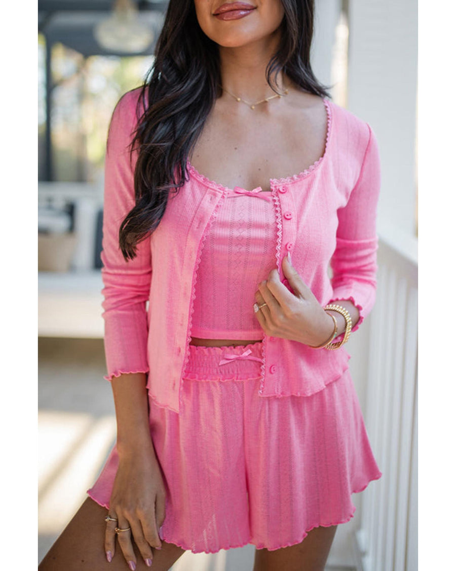 Bonbon Delicate Texture Cropped Cami Shorts and Cardigan 3pcs Lounge Set - L