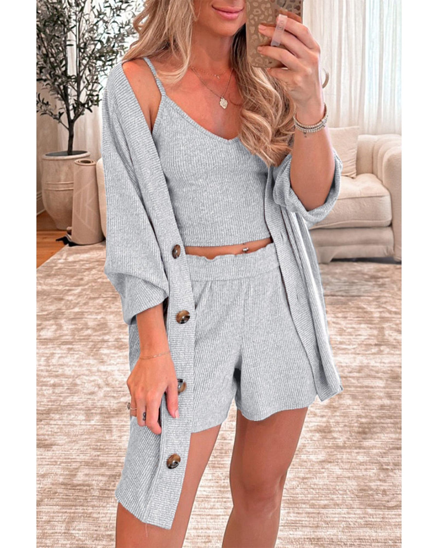 Light Grey 3 Pieces Rib Crop Camisole Matching Shorts Lounge Set with Cardigan - XL