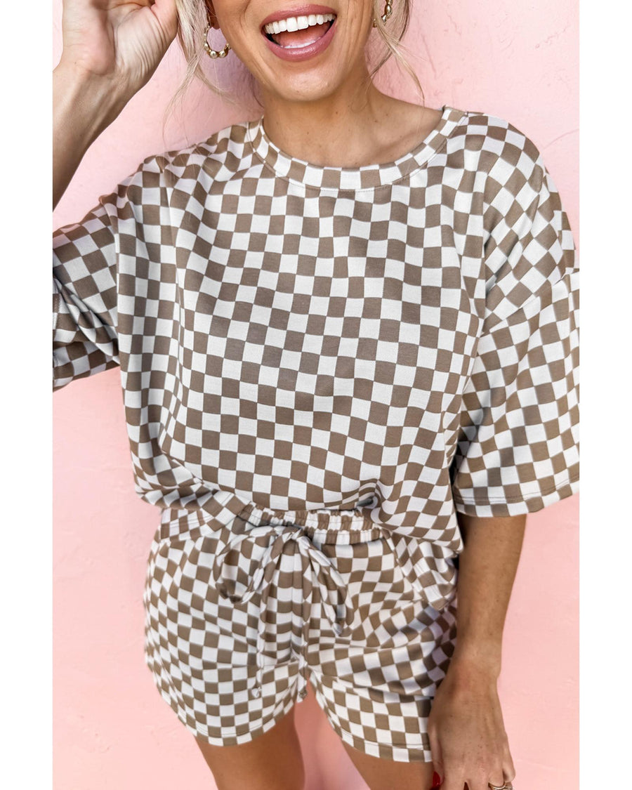 Brown Checkered Top and Short Casual 2pcs Set - L